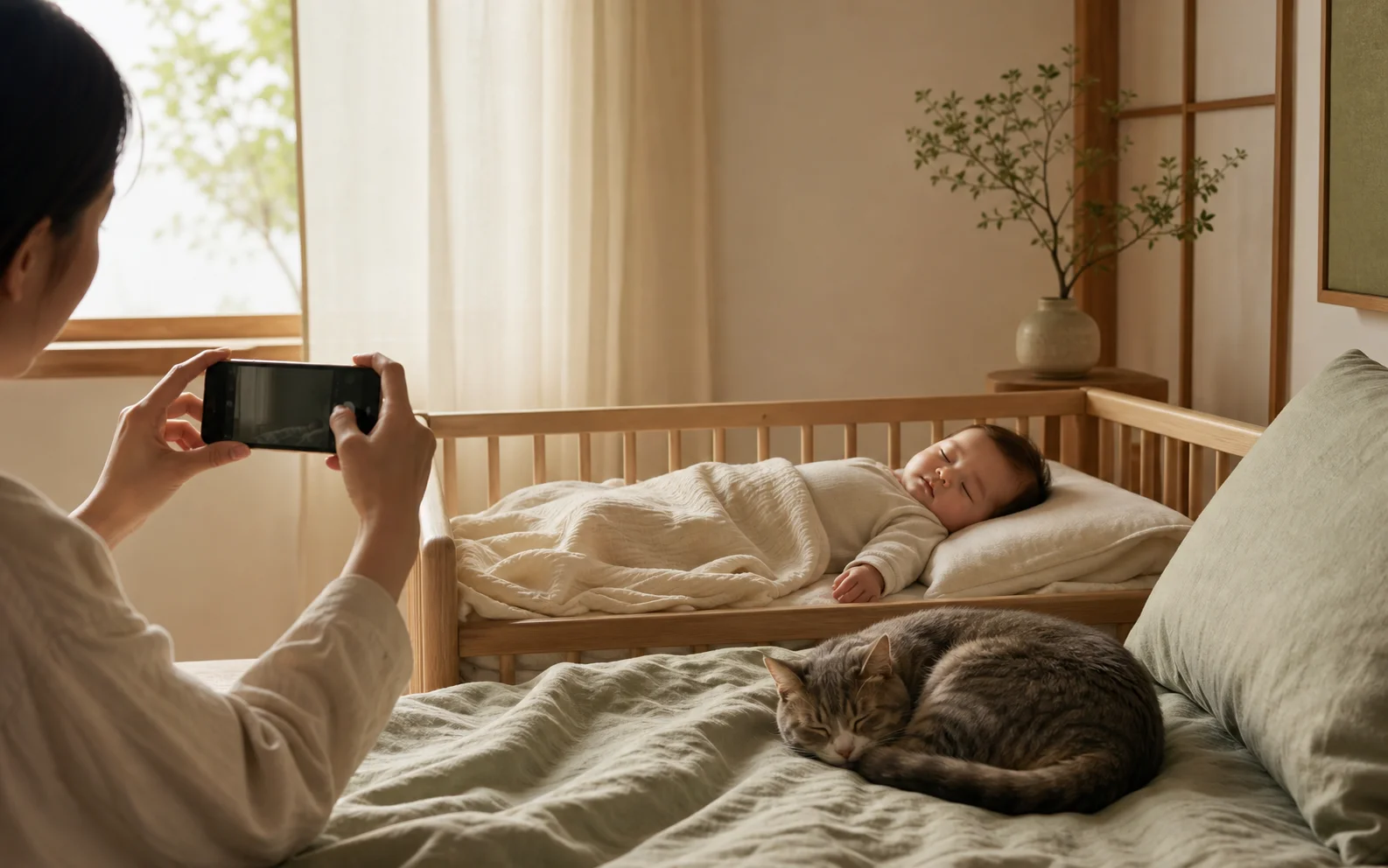 眠る赤ちゃんと猫を、そばにいる家族がスマートフォンで撮影する穏やかな朝